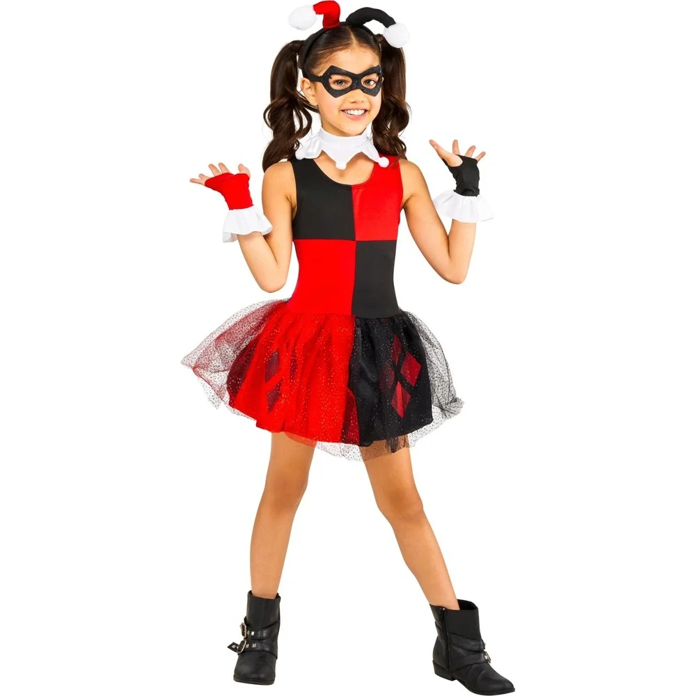 DC Harley Quinn Costume Girls XS 4-5 Tutu Dress Mask Collar Headpiece